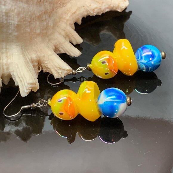 Rubber Duck On Beachball Cute Whimsical Handmade Pierced Earrings LR134 - Picture 1 of 5